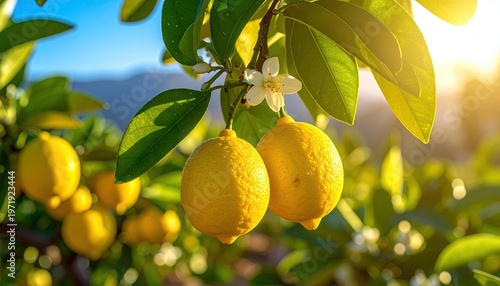 Close-up of lemons and blossoms on a tree branch, sunlit background