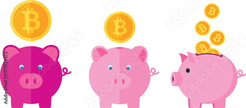 Piggy Bank Set with Bitcoin Coins in Flat Cartoon Style for Finance Illustration, Savings Concept, and Digital Currency Investment Design Collection