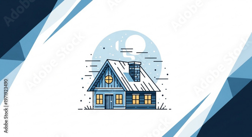 Cozy blue house with snow on roof under moonlight at night with warm glowing windows and chimney