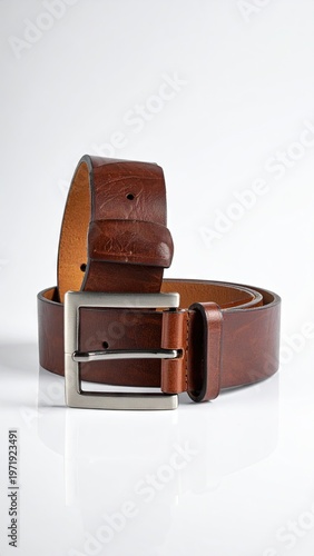 Close-up of a rolled brown leather belt with a silver buckle on white