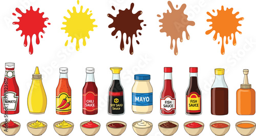 Sauce and Condiment Set with Ketchup, Mustard, Chili, Soy, Mayonnaise Bottles and Color Splashes for Food Illustration, Cooking Design, and Kitchen Collection