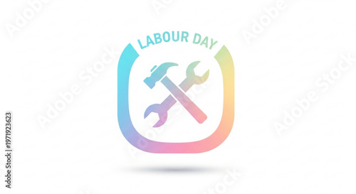 Labour day logo with colorful crossed tools and rainbow gradient border on white background