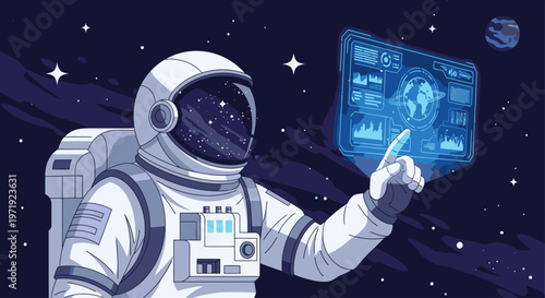 Astronaut in a spacesuit interacting with a holographic display in outer space with stars and planets.