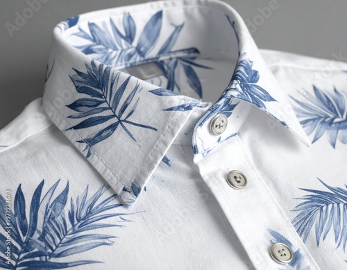 White shirt detail with blue tropical leaf pattern; buttoned