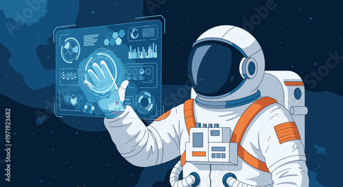 Illustration of an astronaut in a spacesuit interacting with a futuristic tablet against a dark blue space background with orange accents.