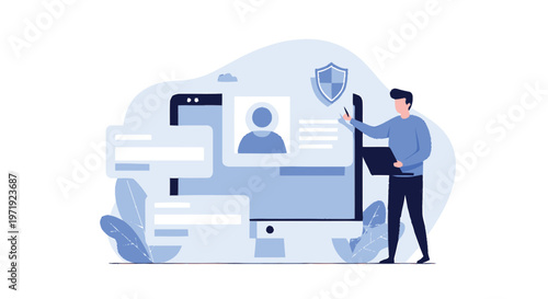 Illustration of a man working on a computer with security features.