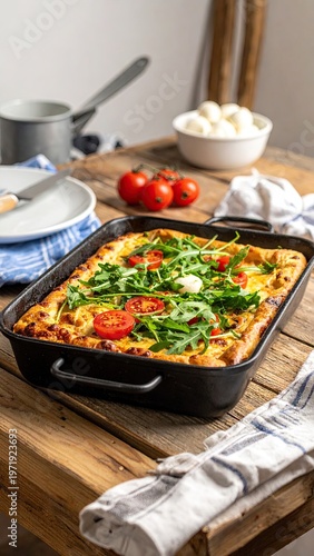 Baked dish topped with greens & tomatoes on a rustic wood table