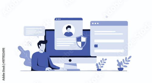 Illustration of a man working on a computer with security features.