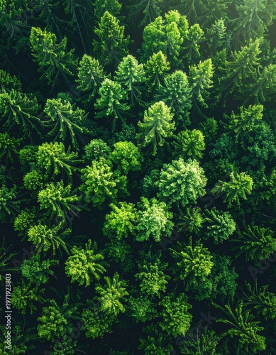 Aerial view of a dense forest canopy, rich green shades and sunlight