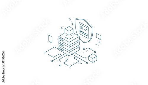 Isometric illustration of a secure data server with shield and circuit board.
