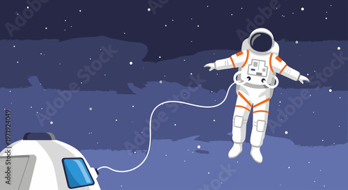 Astronaut in a white spacesuit floats in space with an orange stripe, tethered to a spacecraft module against a starry night sky.
