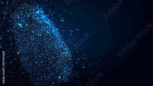 Fingerprint formed by a dense cluster of glowing blue nodes and thin connective lines represents digital security.