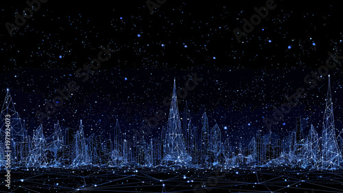 Cityscape skyline rendered as a complex digital network represents urban connectivity and the future of smart infrastructure development.