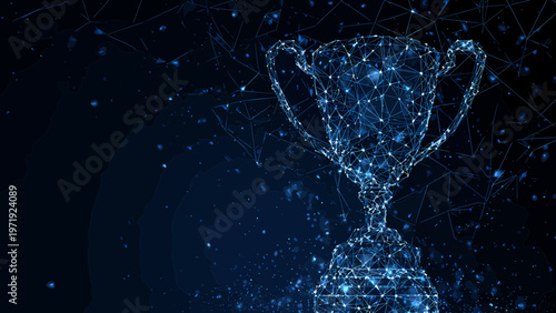 Trophy cup constructed from a luminous blue digital mesh sparkles against a deep dark background.