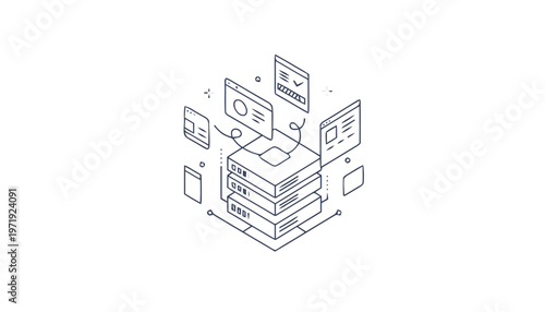Isometric illustration of a server with connected devices and data.