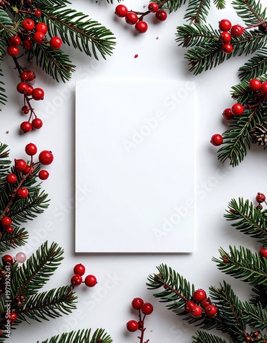 Festive flat lay with blank card, evergreen, and red berries