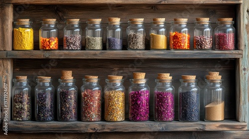 Wooden spice rack with colorful spices in glass jars. Displaying various spices