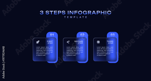 Dark progress bar infographic 3 step business process with rectangular elements and pointers in horizontal layout, simple flat vector template for presentation, workflow, and timeline design