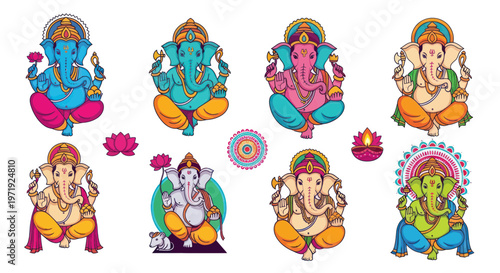 Colorful Ganesha Icons Set: Hindu Deities, Spirituality, and Good Fortune