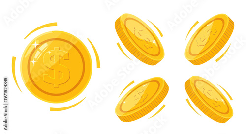 Golden Coins Spinning Animation Set, Money Currency Icons