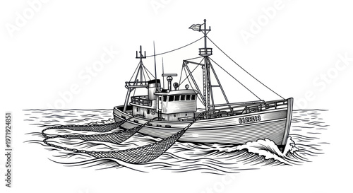 Fishing Trawler Ship with Nets at Sea, Nautical Illustration