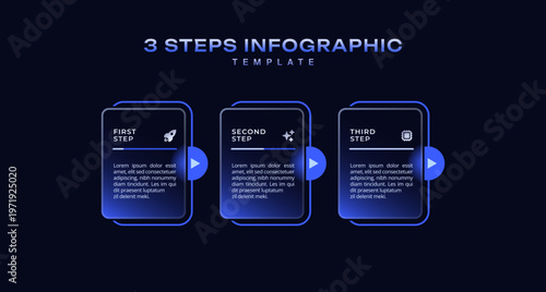 Dark progress bar infographic 3 step business process with rectangular elements and pointers in horizontal layout, simple flat vector template for presentation, workflow, and timeline design