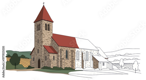 Stone Church Building with Red Roof and Rural Landscape