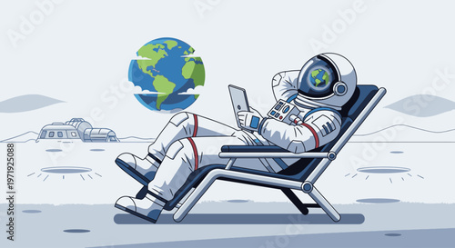 Astronaut relaxing on a beach chair with a laptop on the moon's surface with a globe floating nearby in a cartoonish scene with a serene mood.