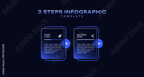 Dark progress bar infographic 2 step business process with rectangular elements and pointers in horizontal layout, simple flat vector template for presentation, workflow, and timeline design