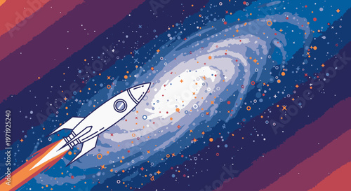 Illustration of a white rocket ship blasting off into a vibrant galaxy with swirling clouds and stars, depicted in a colorful, cartoonish style.