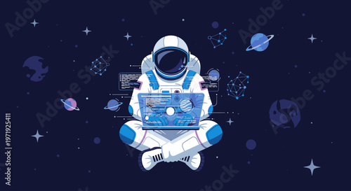 An astronaut sits cross-legged in space with a laptop against a starry night sky with planets and celestial objects.