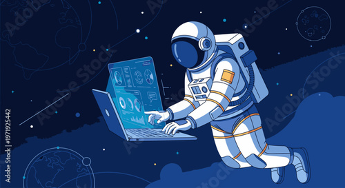 Astronaut in a white spacesuit working on a laptop in outer space with a starry night background and celestial bodies.