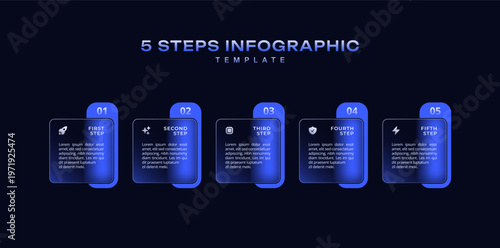 Dark progress bar infographic 5 step business process with rectangular elements and pointers in horizontal layout, simple flat vector template for presentation, workflow, and timeline design