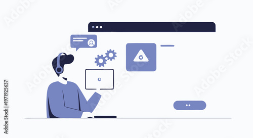 Illustration of a person working on a tablet with various digital icons.