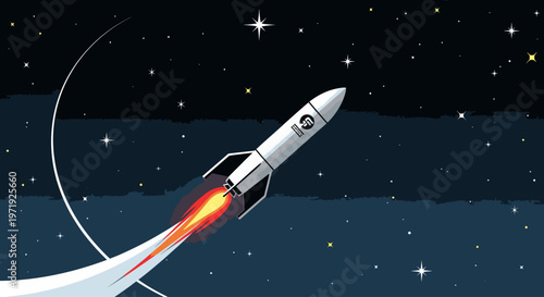 Illustration of a silver rocket ship blasting off into a starry night sky with a fiery trail and a curved white exhaust.