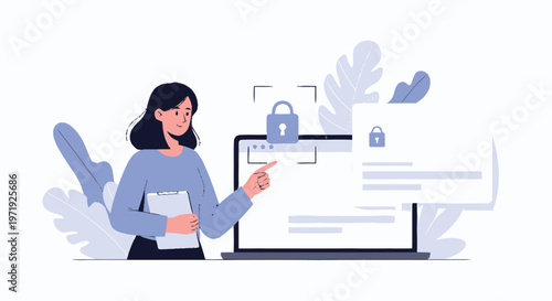 Illustration of a woman pointing at a secure laptop screen.