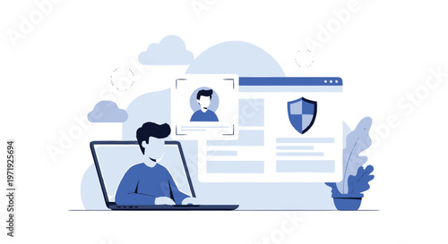Illustration of a person using a laptop with security features.