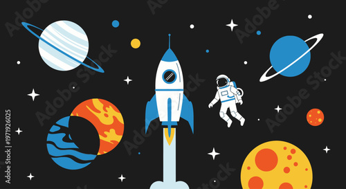 Flat illustration of a rocket launching into space with planets, stars, and an astronaut against a black background with vibrant colors.