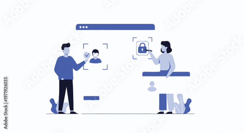 Illustration of people interacting with digital security and facial recognition technology.