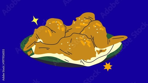 Fried chicken dish animation on blue screen
