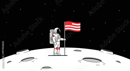 Cartoon astronaut standing proudly next to a flag on the moon's surface with craters, against a starry black background.