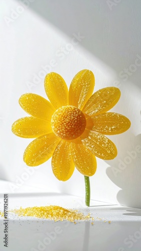 Sunny confection, yellow flower with sugared petals, casting shadows