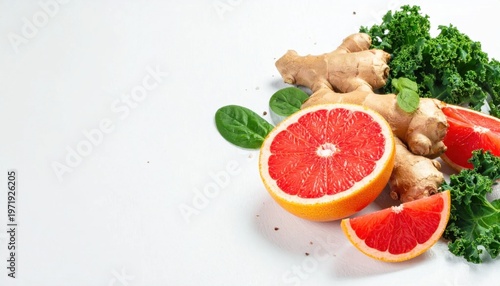 Fresh grapefruit slices with ginger root and green kale, healthy ingredients for detox smoothies and vitamin recipes, vibrant food composition