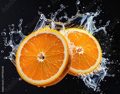 Two orange slices amid splashes of water against a dark background