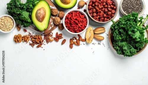 Assorted healthy superfoods including kale, avocado, goji berries, nuts, and seeds, perfect for clean eating, nutrition, and wellness meal planning