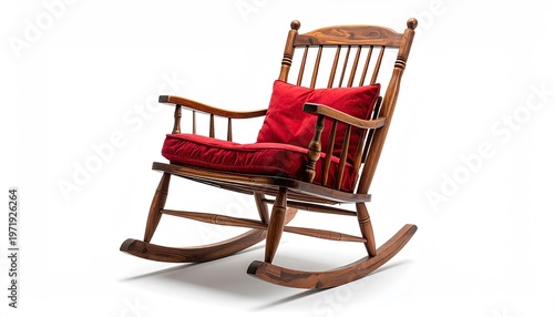 Wooden rocking chair with a red cushion, isolated on a white background