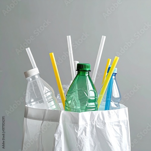 Plastic bottles, straws, and waste in a white bag on a grey background