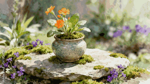 Lovely Garden Pot Orange Flowers in a Pot isolated watercolor vector illustration svg