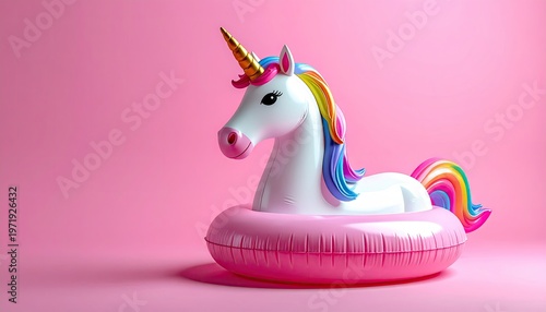 A pink inflatable unicorn pool float against a solid pink backdrop