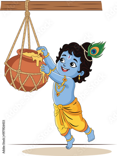 Cute Cartoon Illustration of Baby Krishna Stealing Makhan from a Hanging Clay Pot for Dahi Handi Festival
